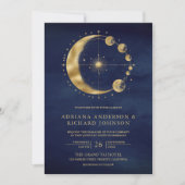 Celestial Blue Gold Crescent Moon Phases Wedding Einladung (Vorderseite)