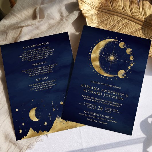 Celestial Blue Gold Crescent Moon Phases Wedding Einladung