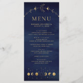 Celestial Blue Gold Crescent Moon Phases Wedding Menükarte (Vorderseite)