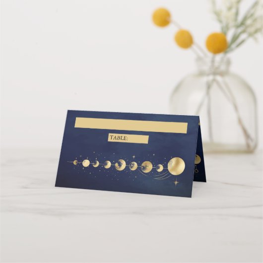 Celestial Blue Gold Crescent Moon Phases Wedding Platzkarte (Vorderseite)