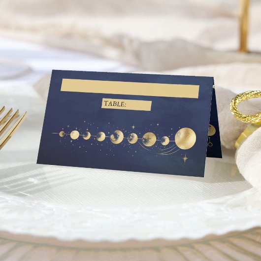 Celestial Blue Gold Crescent Moon Phases Wedding Platzkarte