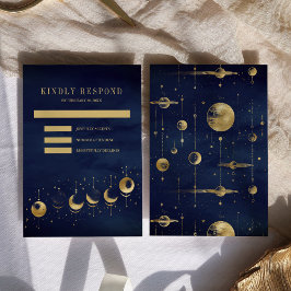Celestial Blue Gold Crescent Moon Phases Wedding RSVP Karte