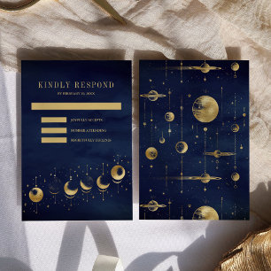 Celestial Blue Gold Crescent Moon Phases Wedding RSVP Karte