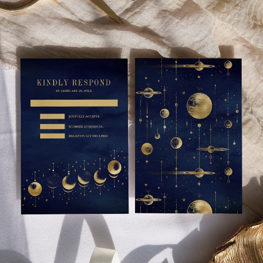 Celestial Blue Gold Crescent Moon Phases Wedding RSVP Karte