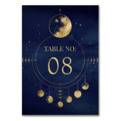 Celestial Blue Gold Moon Phases Wedding Tischnummer (Vorderseite)