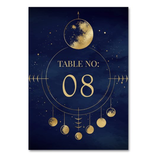 Celestial Blue Gold Moon Phases Wedding Tischnummer (Vorderseite)