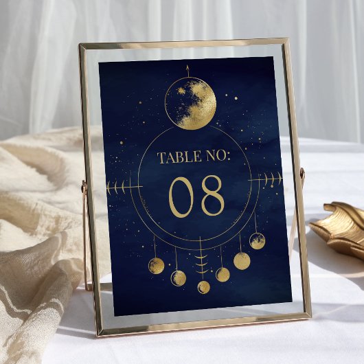 Celestial Blue Gold Moon Phases Wedding Tischnummer