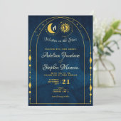 Celestial Blue Gold Moon Sun Monogram UAWG QR Code Einladung (Stehend Vorderseite)