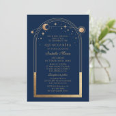 Celestial Blue Gold QR Code Quinceañera Einladung (Stehend Vorderseite)