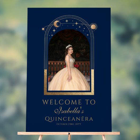 Celestial Blue Gold Quinceñera Geburtstag Willkomm Acrylschild (Neutral)