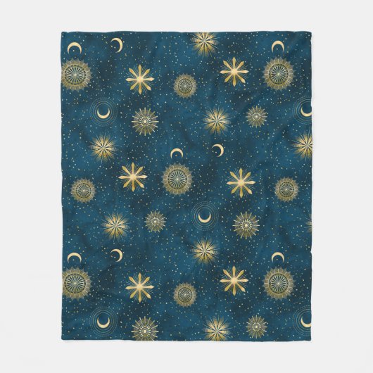 Celestial Blue & Gold Starry Night Crescent Moon Fleecedecke (Vorderseite)