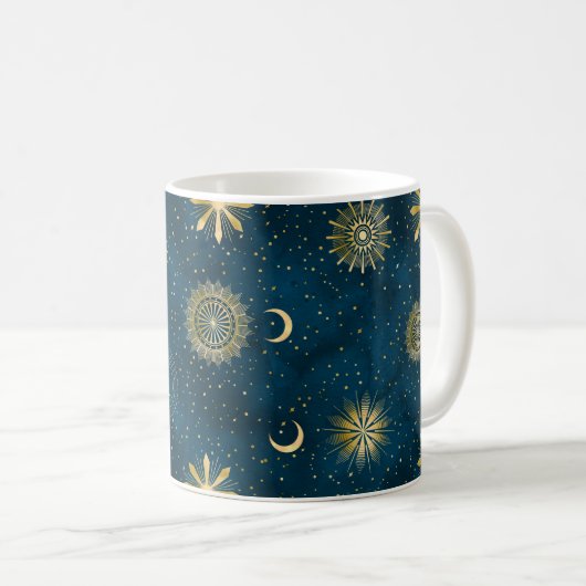 Celestial Blue & Gold Starry Night Crescent Moon Kaffeetasse (VorderseiteRechts)