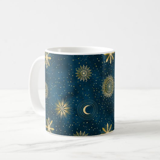 Celestial Blue & Gold Starry Night Crescent Moon Kaffeetasse (Vorderseite Links)