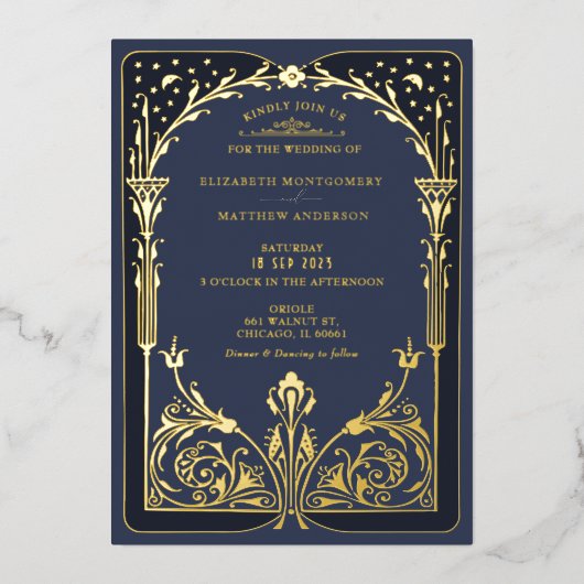 Celestial Blue Gold Storybook Viktorianisch Weddin Folieneinladung (Vorderseite)