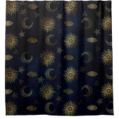 Celestial Blue Gold Sun Moon Stars Duschvorhang (Vorderseite)