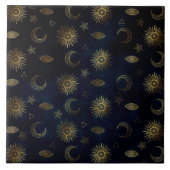 Celestial Blue Gold Sun Moon Stars Fliese (Vorderseite)