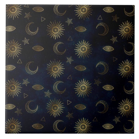 Celestial Blue Gold Sun Moon Stars Fliese (Vorderseite)