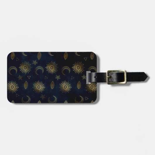 Celestial Blue Gold Sun Moon Stars Gepäckanhänger (Vorderseite horizontal)