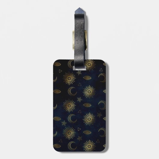 Celestial Blue Gold Sun Moon Stars Gepäckanhänger (Rückseite vertikal)