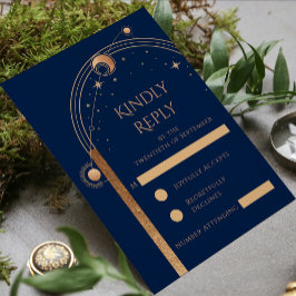 Celestial Blue Gold Sun Moon Stars Hochzeit RSVP Karte