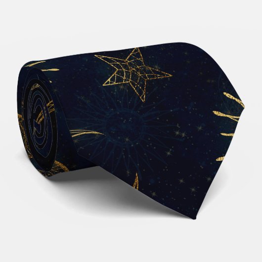 Celestial Blue Gold Sun Moon Stars Krawatte (Gerollt)