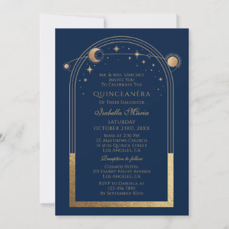 Celestial Blue Gold Sun Moon Stars Quinceañera Einladung