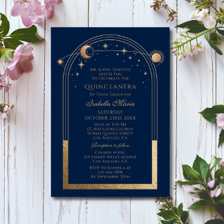 Celestial Blue Gold Sun Moon Stars Quinceañera Einladung