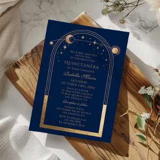 Celestial Blue Gold Sun Moon Stars Quinceañera Einladung