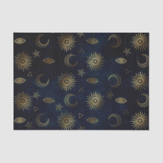 Celestial Blue Gold Sun Moon Stars Seidenpapier (Vorderseite)