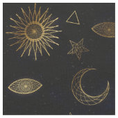 Celestial Blue Gold Sun Moon Stars Stoff (Nahaufnahme)