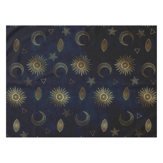 Celestial Blue Gold Sun Moon Stars Tischdecke (Vorderseite (Horizontal))