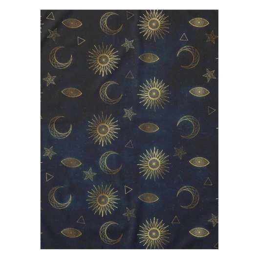 Celestial Blue Gold Sun Moon Stars Tischdecke (Vorderseite)