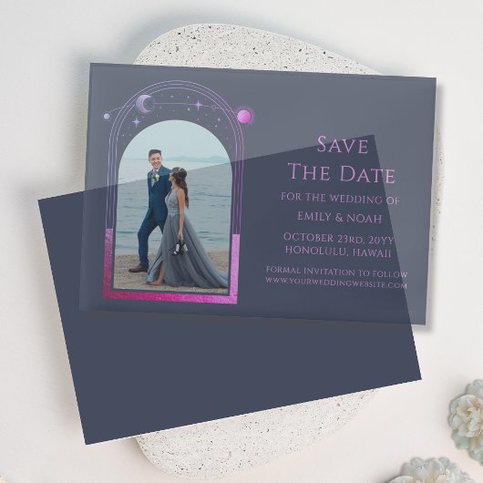 Celestial Blue Lila Foto Wedding Save the Date Pergament Einladungen