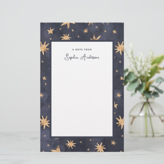 Celestial Blue mit Imitats Gold Stars Briefpapier (Stehend Vorderseite)
