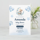 Celestial Blue Moon Bear Baby Dusche Einladung (Stehend Vorderseite)