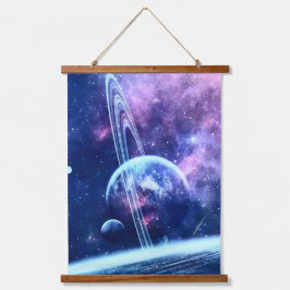 Celestial Blue Nebula & Ringed World Dreamscape Wandteppich Mit Holzrahmen