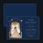 Celestial Blue Save the Date Geburtstag Quinceaner<br><div class="desc">Celestial Blue Save the Date Birthday Quinceanera Einladung mit einer goldenen Sonne, Mond und Sternen Rahmen auf einem blauen Hintergrund. Inside ist Ihr Lieblings-Foto und Ihre individuelle Quinceanera Save the Date Informationen. Personalisieren Sie diese, indem Sie den Text in den Textfeldern bearbeiten und Ihr bevorzugtes Foto hinzufügen. Entwickelt für Sie...</div>
