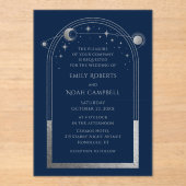 Celestial Blue Silver Sun Moon Astronomie Hochzeit Acryleinladungen (Vorderseite)