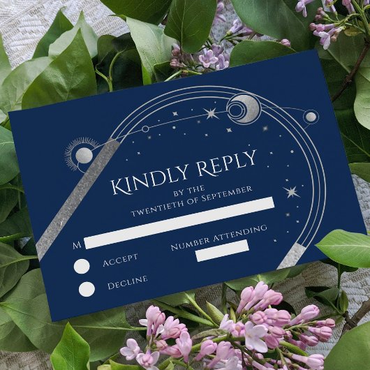 Celestial Blue Silver Sun Moon Stars Hochzeit RSVP Karte