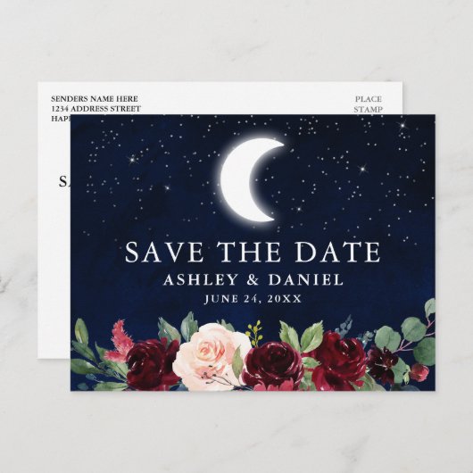 Celestial Blue Sky Moon Stars Floral Save the Date Postkarte (Vorne/Hinten)