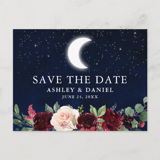 Celestial Blue Sky Moon Stars Floral Save the Date Postkarte (Vorderseite)