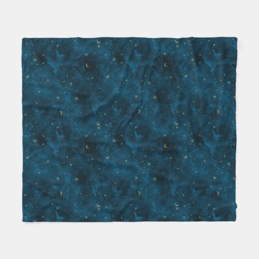 Celestial Blue und Gold Starry Night Crescent Moon Fleecedecke (Vorderseite (Horizontal))