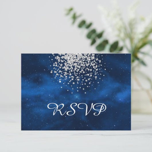 Celestial Blue Universe mit Silver Confetti RSVP Karte (Stehend Vorderseite)