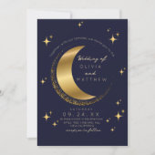 Celestial Blue Wedding Midnight Stars Moon Einladung (Vorderseite)