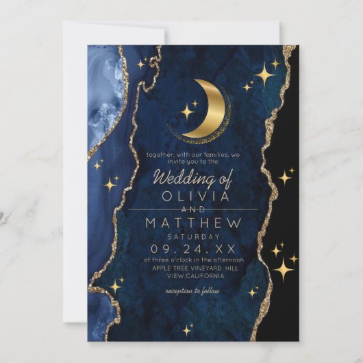 Celestial Blue Wedding Midnight Stars Moon Einladung (Vorderseite)