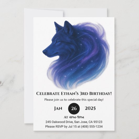 Celestial Blue Wolf Birthday Einladung (Vorderseite)