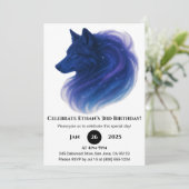 Celestial Blue Wolf Birthday Einladung (Stehend Vorderseite)