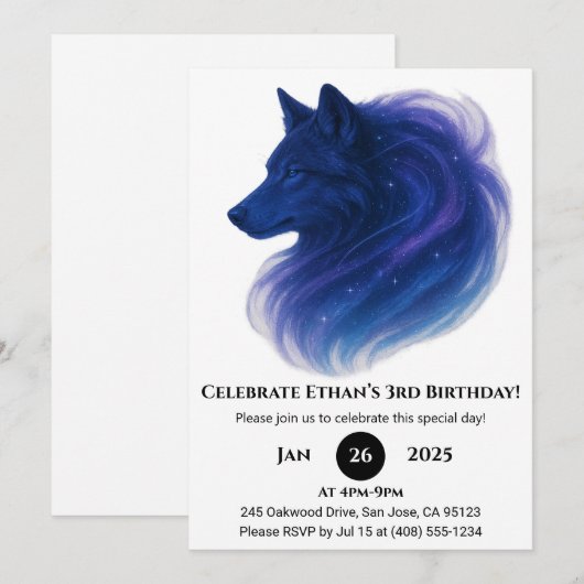 Celestial Blue Wolf Birthday Einladung (Vorne/Hinten)