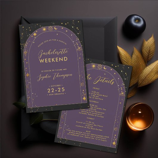 Celestial Boho Arch Junggeselinnen-Abschied Itiner Einladung