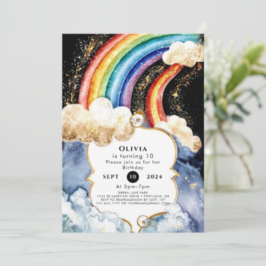 Celestial Boho Rainbow Birthday Einladung (Stehend Vorderseite)